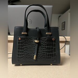 Mini Black Faux Leather w Faux Crocodile Handbag Bag Purse